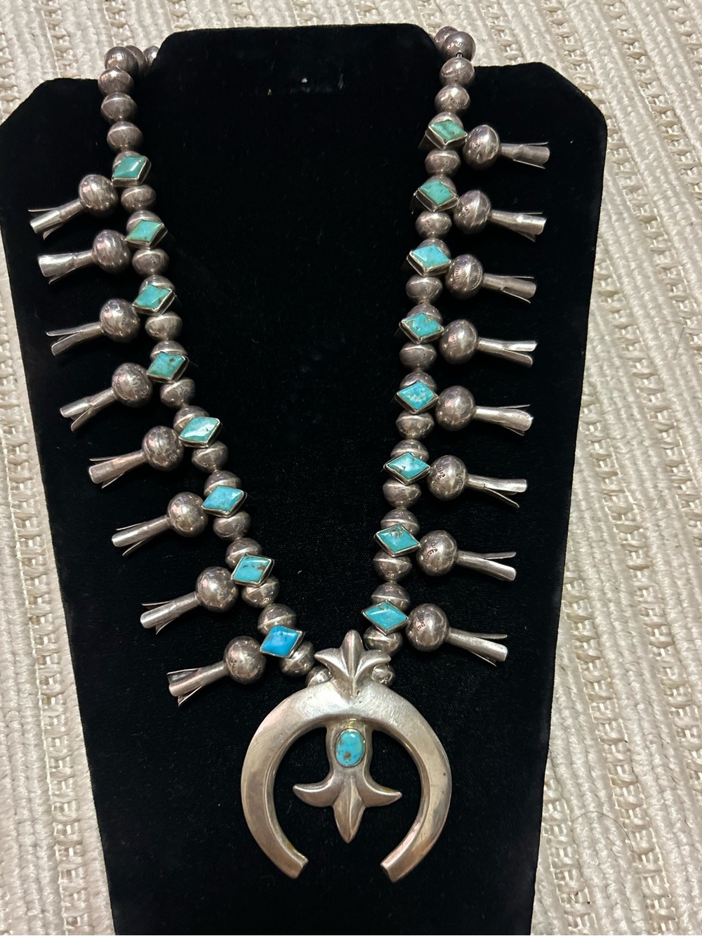 Vintage unisex sterling silver turquoise squash blossoms necklace 24-25” - Picture 2 of 16